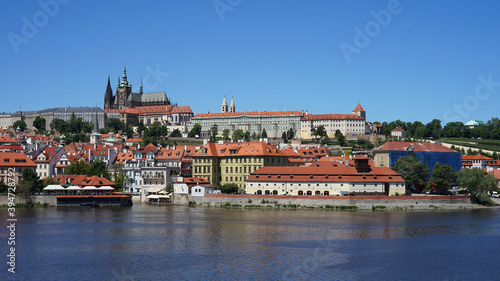 Prague Castle panoramic view across Vltava River, historic city center, Prague, Czech Republic