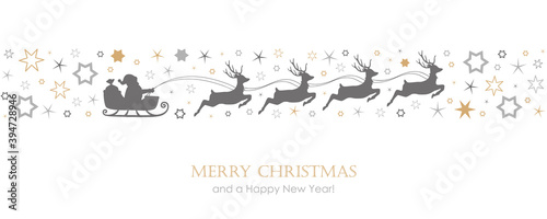 christmas card with santa sled and deer on star border vector illustration EPS10