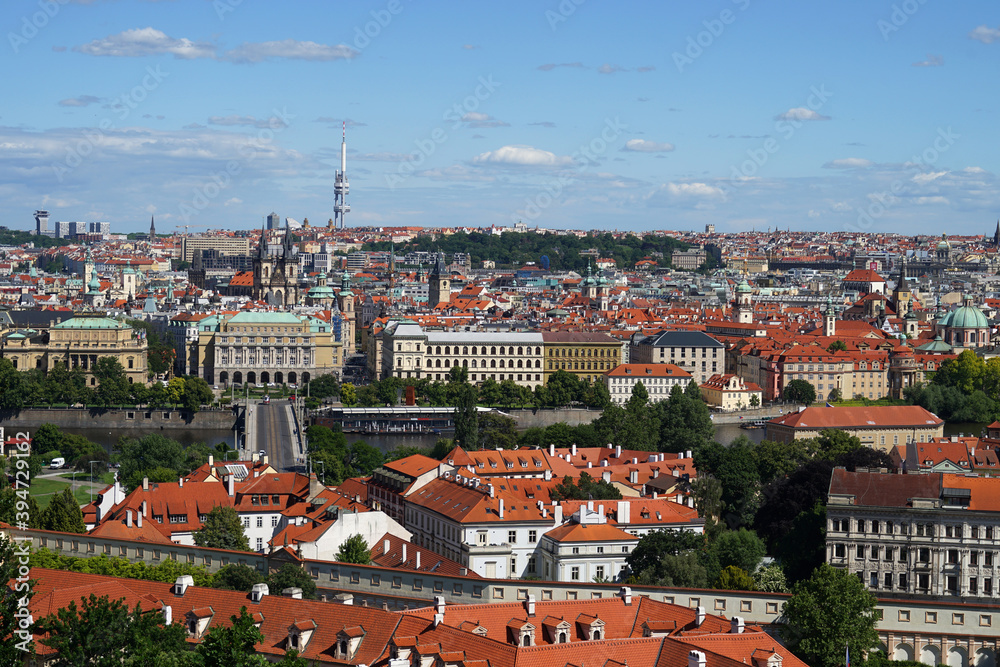 Prague city center panoramic aerial drone view cityscape, blue sky, summer weather