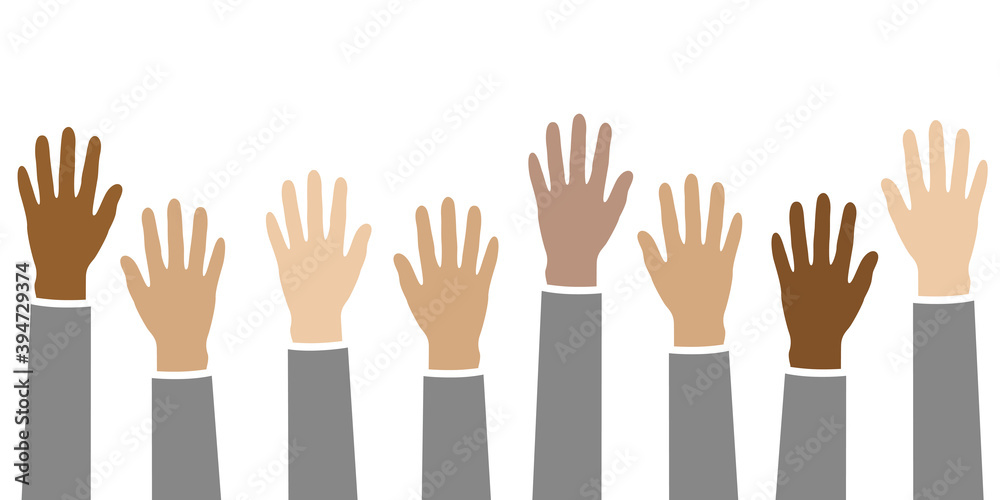 raised hands in different skin colors isolated on white vector illustration EPS10