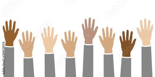 raised hands in different skin colors isolated on white vector illustration EPS10