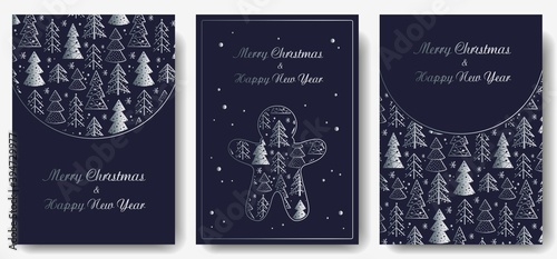 Colored christmas party invitation, banner, poster or postcard with forest silhouette for the new year holiday. Winter illustration of spruce tree for december design
