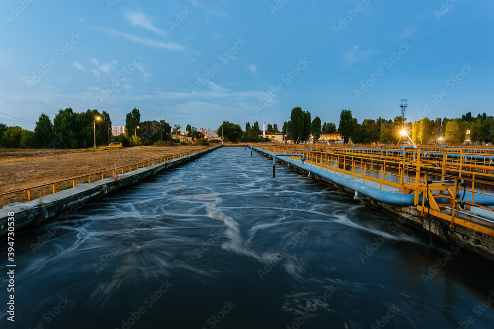 Modern wastewater treatment plant. Tanks for aeration and biological purification of sewage at night