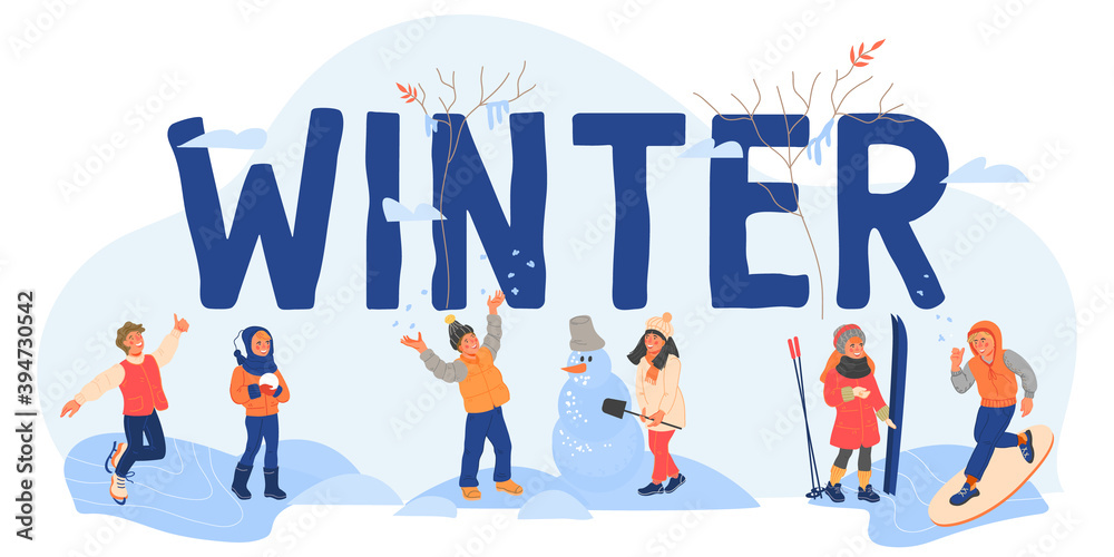 Winter banner template with cute children characters enjoying snow weather. Background for winter sale events and sport outdoor activity with kids playing snow and big word Winter, vector illustration Winter banner template with cute children characters enjoying snow weather. Background for winter sale events and sport outdoor activity with kids playing snow and big word Winter, vector illustration