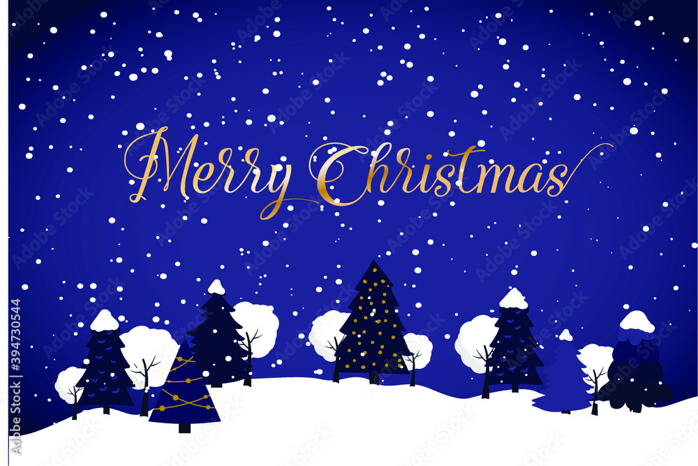 A happy new year and merry Christmas winter landscape. Vector illustration in flat style with trees, and snowflake. Navy and gold colors. EPS 10 A happy new year and merry Christmas winter landscape. Vector illustration in flat style with trees, and snowflake. Navy and gold colors. EPS 10