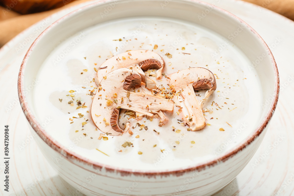 Bowl of tasty mushroom cream soup, closeup Bowl of tasty mushroom cream soup, closeup