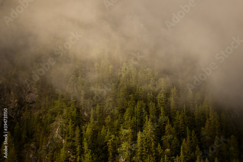 Foggy sunrise over a mountain side