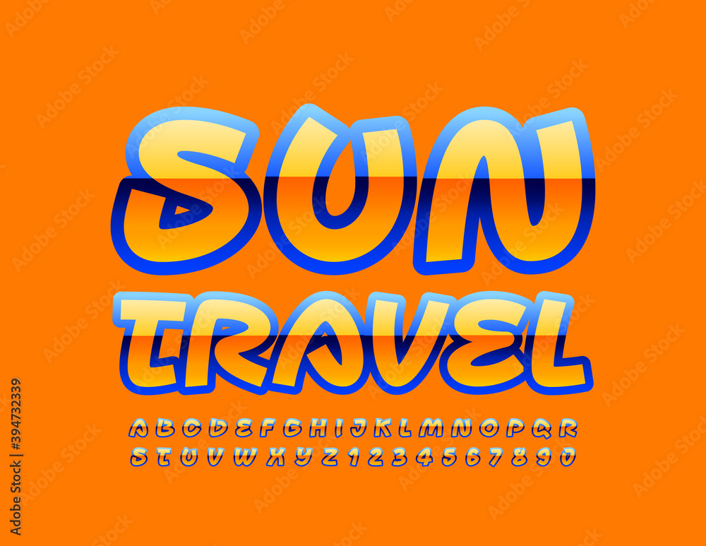 Vector holiday emblem Sun Travel. Creative Bright Font. Artistic Alphabet Letters and Numbers set