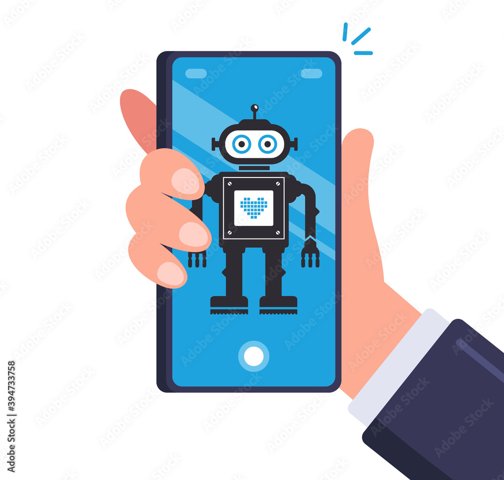 smart robot in men smartphone. android on a mobile device. flat vector illustration.
