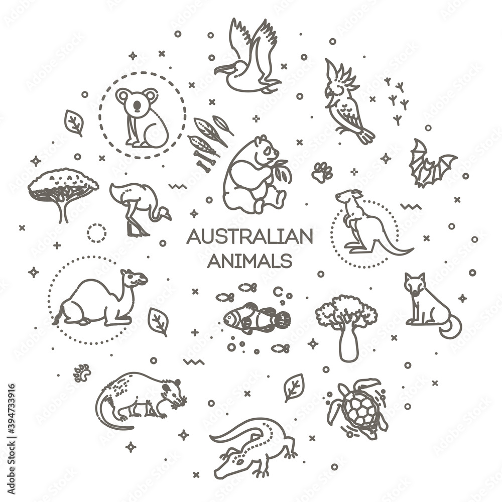 Vector. Set of linear vector australian animals
