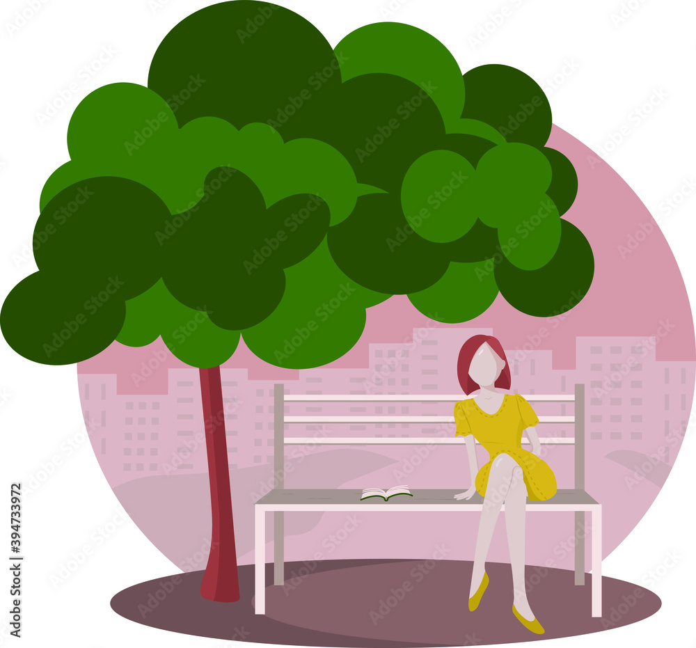 Vector drawing of a young girl sitting in the park on a bench with a book. Bright beautiful fashion illustration.