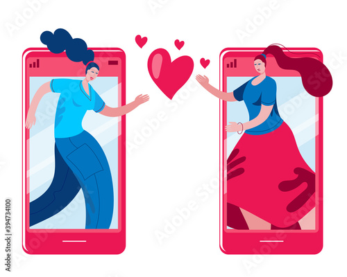 Two girls declare their love to each other via smartphone. Dating and love in social networks. The concept of a vector illustration in a flat style.