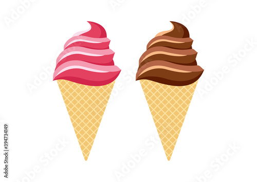 Delicious strawberry and chocolate ice cream cone icons set vector. Strawberry ice cream cone vector. Chocolate ice cream vector. Fresh pink and brown ice cream icons isolated on a white background
