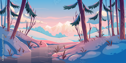Winter forest with frozen river. Nature landscape background with conifers trees and mountains covered with snow, wild park or garden with icy stream, rocks and pines, Cartoon vector illustration