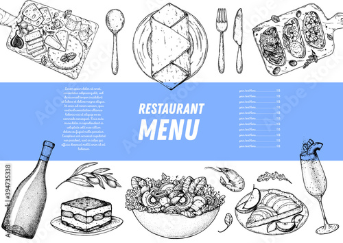 Restaurant menu. Food top view. Sketch illustration. Hand drawn. Food menu design template. Hand drawn sketch vector illustration.