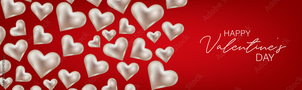 Valentines Day banner or website header background with 3d hearts. Love design concept. Romantic invitation or sale offer promo. Vector illustration.