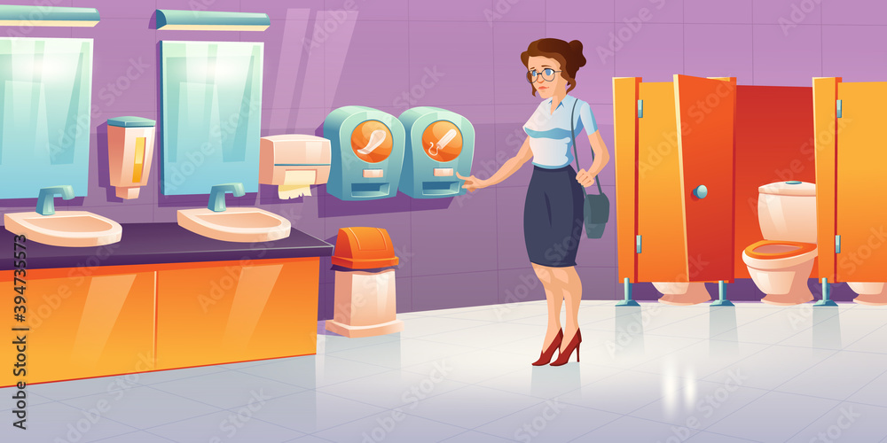 Woman in public toilet with tampon and pads vending machines. Vector  cartoon interior of restroom, lavatory with wc bowl, sink and mirrors. Girl  with menstruation in female lavatory vector de Stock