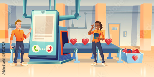 Mobile app development for charity. Vector cartoon illustration with developers, smartphone and conveyor belt. People create nonprofit application and software for donate and beneficence