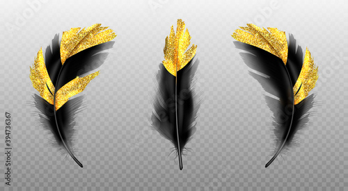 Black feathers with gold glitter isolated on transparent background. Vector realistic set of golden colored bird or angel quills, soft fluffy plumes with yellow sparkles