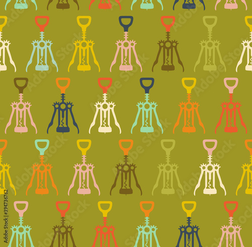Vector seamless pattern with bottles and bottle opener.  Wine list or menu design. Wine shop logo.  Restaurant, cafe or bar seamless illustration.