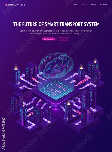 Future of smart transport system banner. Concept of innovation technologies in transport infrastructure. Vector isometric illustration of futuristic city with railway and AI brain