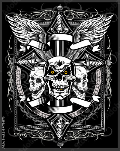 Vintage label. Skull dagger knife