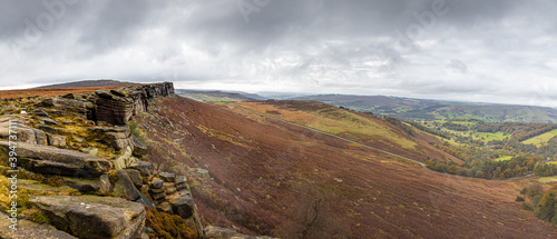 View of Stanage Edge in Peak district, an upland area in England at the southern end of the Pennines photo