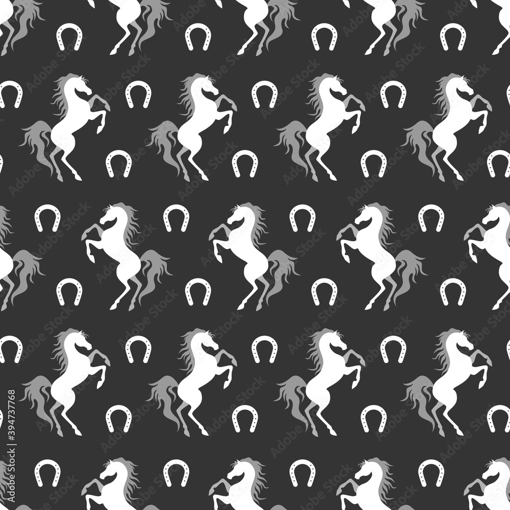 Obraz premium White horse and horseshoe silhouette seamless pattern. Vector illustration.