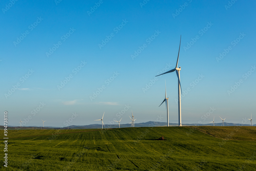 wind towers in late afternoon with farmland in foreground wind towers in late afternoon with farmland in foreground
