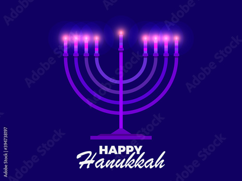 Happy Hanukkah. Menorah with nine candles. Purple Candle Light. Jewish festival greeting card. Vector illustration
