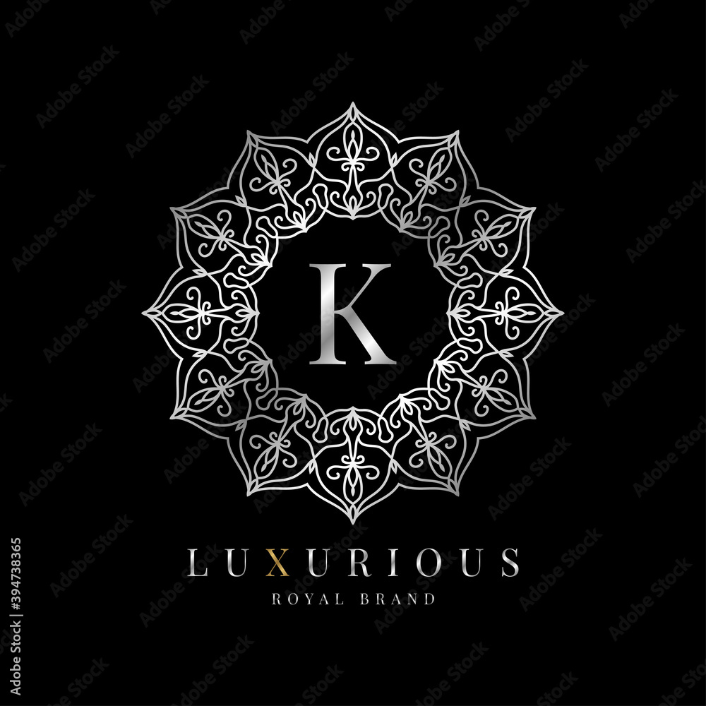 letter K luxury round alphabet logo template vector mandala for premium brand, personal branding identity, boutique, spa, wedding, gown, make up artist and cosmetic