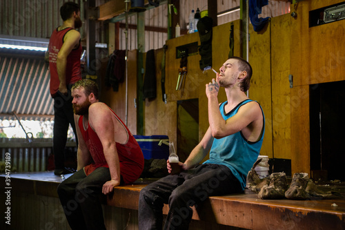 A shearer enjoys a cigarette and beer after work photo