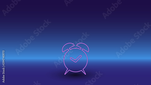 Neon alarm clock symbol on a gradient blue background. The isolated symbol is located in the bottom center. Gradient blue with light blue skyline