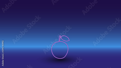 Neon apple symbol on a gradient blue background. The isolated symbol is located in the bottom center. Gradient blue with light blue skyline