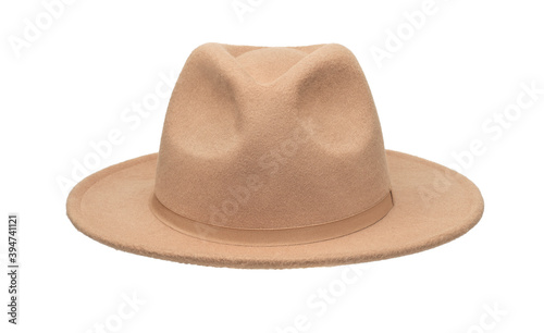 Front view of beige wide brimmed felt hat