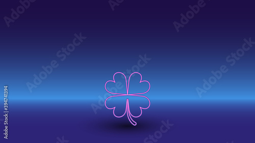 Neon four-leaf clover symbol on a gradient blue background. The isolated symbol is located in the bottom center. Gradient blue with light blue skyline