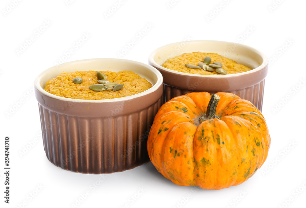 Tasty pumpkin pudding on white background Tasty pumpkin pudding on white background