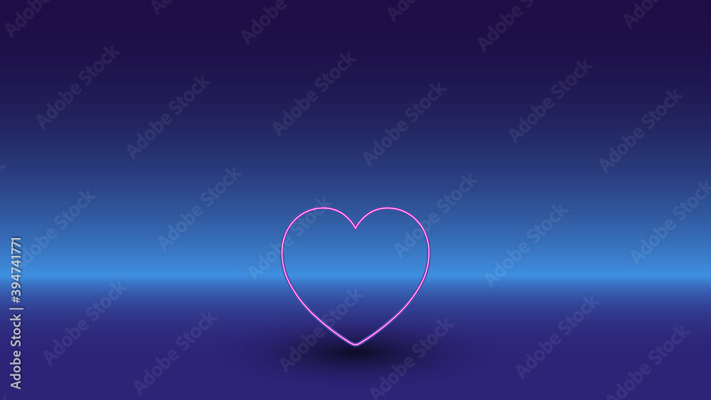 Neon heart symbol on a gradient blue background. The isolated symbol is located in the bottom center. Gradient blue with light blue skyline Neon heart symbol on a gradient blue background. The isolated symbol is located in the bottom center. Gradient blue with light blue skyline