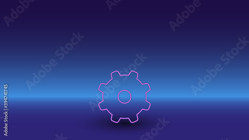 Neon gear symbol on a gradient blue background. The isolated symbol is located in the bottom center. Gradient blue with light blue skyline