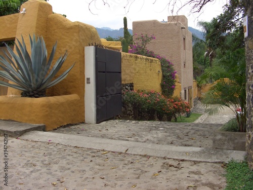 colorful houses in the street of  the old town of Tepoztlan, Mexico photo