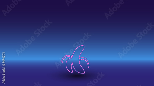 Neon peeled banana symbol on a gradient blue background. The isolated symbol is located in the bottom center. Gradient blue with light blue skyline