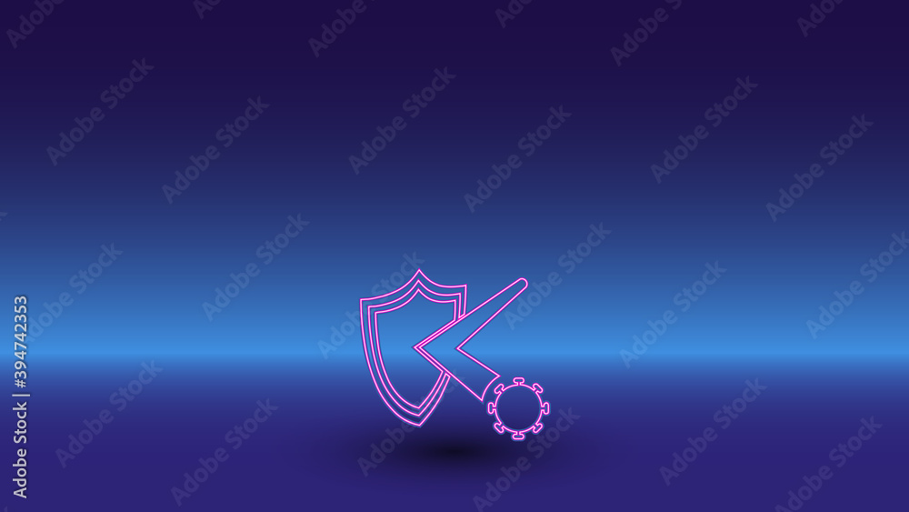 Neon virus bounces off the shield symbol on a gradient blue background. The isolated symbol is located in the bottom center. Gradient blue with light blue skyline Neon virus bounces off the shield symbol on a gradient blue background. The isolated symbol is located in the bottom center. Gradient blue with light blue skyline