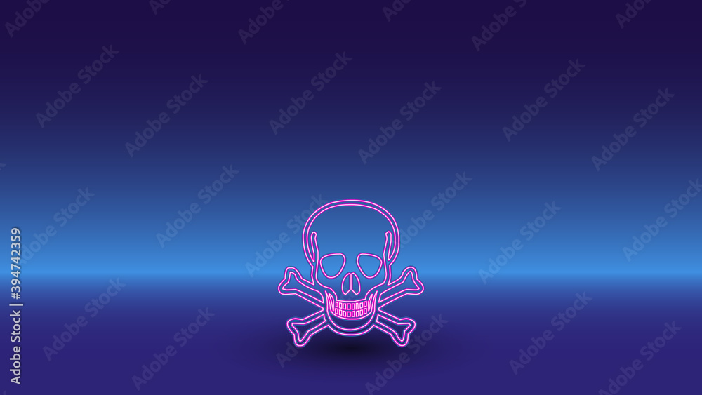 Neon skull symbol on a gradient blue background. The isolated symbol is located in the bottom center. Gradient blue with light blue skyline Neon skull symbol on a gradient blue background. The isolated symbol is located in the bottom center. Gradient blue with light blue skyline