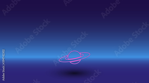 Neon saturn symbol on a gradient blue background. The isolated symbol is located in the bottom center. Gradient blue with light blue skyline