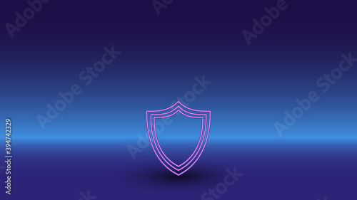 Neon shield symbol on a gradient blue background. The isolated symbol is located in the bottom center. Gradient blue with light blue skyline
