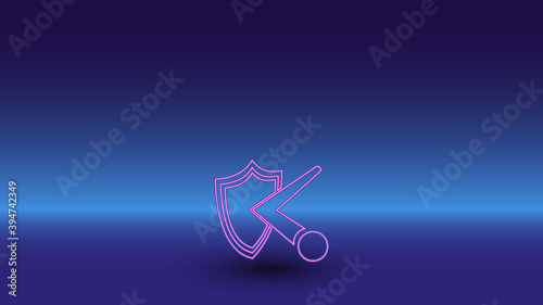 Neon ball bounces off the shield symbol on a gradient blue background. The isolated symbol is located in the bottom center. Gradient blue with light blue skyline