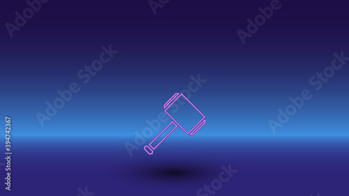 Neon sledgehammer symbol on a gradient blue background. The isolated symbol is located in the bottom center. Gradient blue with light blue skyline