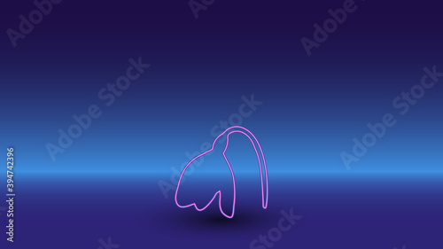 Neon snowdrop symbol on a gradient blue background. The isolated symbol is located in the bottom center. Gradient blue with light blue skyline