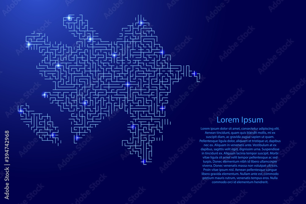 Azerbaijan map from blue pattern of the maze grid and glowing space stars grid. Vector illustration.