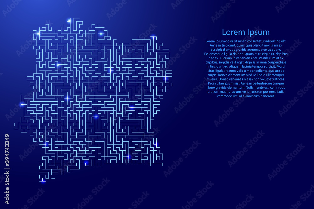 Ivory Coast map from blue pattern of the maze grid and glowing space stars grid. Vector illustration.
